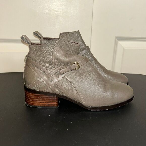 Cole Haan Taupe Leather Ankle Boots – Side Zip Buckle Booties Size 9.5B - Picture 2 of 8